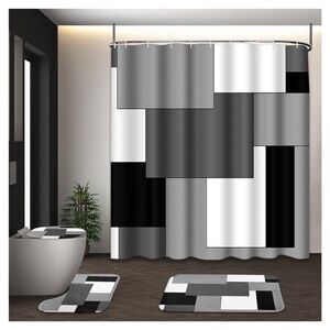 Grey Geometric Shower Curtain Set NWT